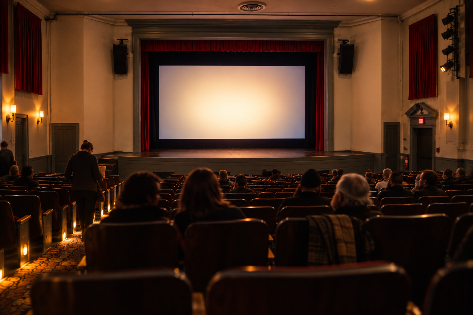 Audience members settling into a historic theatre before a film screening