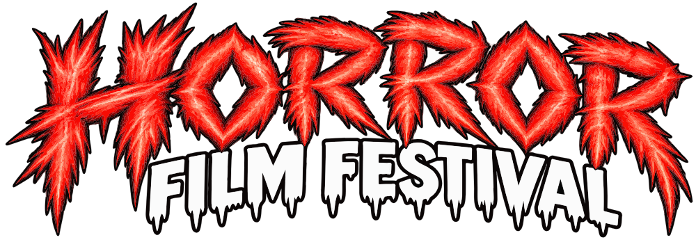 Red and white Horror Film Festival logo with distressed, jagged lettering inspired by vintage horror movie graphics.