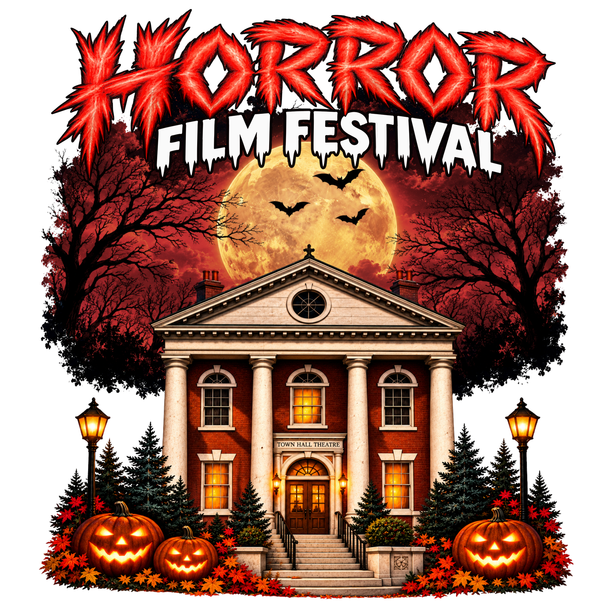 Horror Film Festival artwork featuring the illuminated Woodstock Town Hall Theatre beneath a glowing full moon, surrounded by bats, bare trees, autumn foliage, and jack-o’-lanterns.